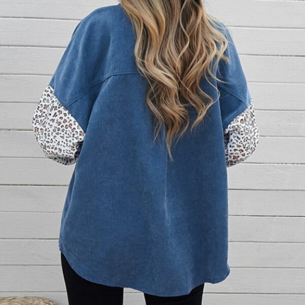 Blue Leopard Print Patched Pocket Button down Cord - Picture 4 of 5